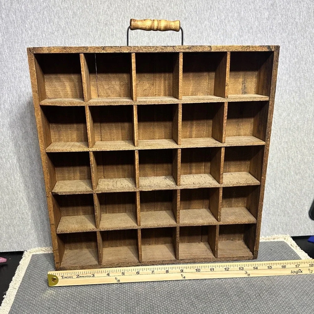Rustic Wooden Shadow Box 25 Cubby Display Case Wall Hanging Brown 15x15